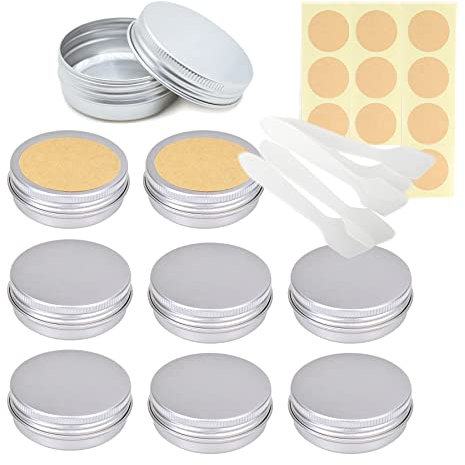 Lusdoly 10 Pièces Pots en Aluminium Argent 40ml - Ø57x23mm Pot Cosmétique Bougie Aluminium Vides Pots de Voyage Rondes pour Crème avec Mini Spatule et Étiquette