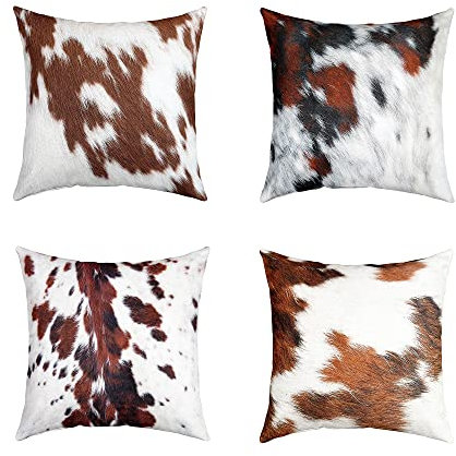 Set von 4 Kuhfell Wurfkissenbezüge 50x50, Kuhfell Kissenbezüge für Zuhause Wohnzimmer Dekor, Weiche Reversible Bauernhaus Western Wildlife Tierhaut Braun Weiß Schwarz Dekorative Wurfkissenbezüge