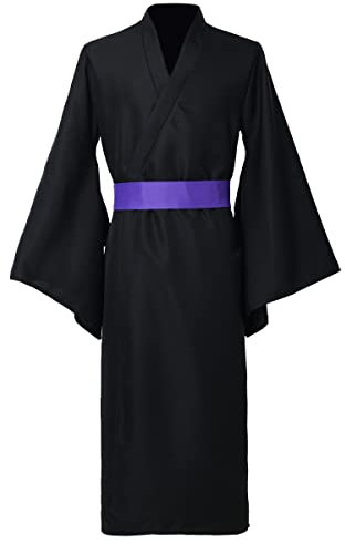 BPURB Herren japanische Yukata traditionell Kimono Robe Pyjamas Bademantel Morgenmantel Langarm V Ausschnitt mit Gürtel Schwarz