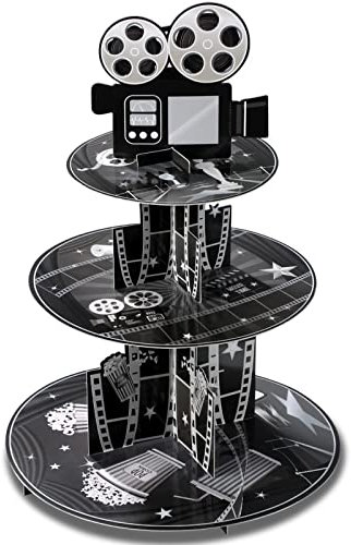 Filmabend Muffin Stand mit 3 Etagen Filmrolle Cupcake Stand Pappe Kuchenstand Speise Servierstand Buffet Etagere Party Dekoration für Film Mottoparty Geburtstag Zubehör (Schwarz und Weiß)