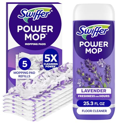 Swiffer Power Mop Refill Pack, Floor Cleaner for Mopping Tile, Vinyl, Laminate, Wood in Home, Bathroom, Kitchen, All Purpose Multi-Surface Cleaning, 5 Pads + 1 Lavender Solution