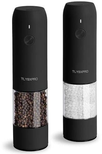 TLYSXPRO Electric Salt and Pepper Grinder Set, USB Rechargeable, Automatic Salt and Pepper Mill Grinder with Adjustable Coarseness, Electric Salt Shakers, LED Light, Refillable (2 Packs, Black)