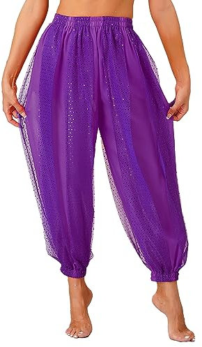 CHICTRY Bauchtanz Haremshose Damen Chiffon Tribal Arabische Hose Pailletten Glänzend Lose Bauchtanz Kostüm Pumphose Für Yoga Pilates Party Violett A Einheitsgröße