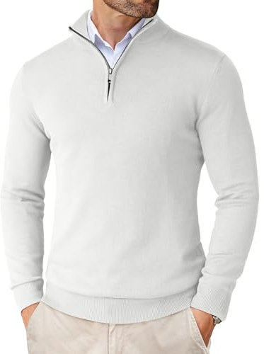 COOFANDY Men's Jumpers Quarter Zip Roll Neck Kintwear Mock Neck Knitted Jumpers for Men Warm Sweater Basic Turtleneck Top White L