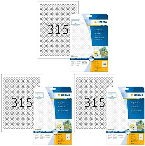 Universal Etiketten ablösbar rund, 25 Blatt, Ø 10 mm, 315 Stück pro A4 Bogen, 7875 Aufkleber, selbstklebend, bedruckbar, matt, blanko Klebeetiketten aus Papier, weiß (Packung mit 3)