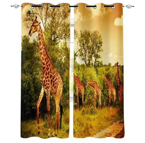 MATUDA Afrika Giraffe Grasland Sonnenuntergang Verdunkelungsvorhänge Fenstervorhänge Für Schlafzimmer Wohnzimmer Dekor 264X240Cm