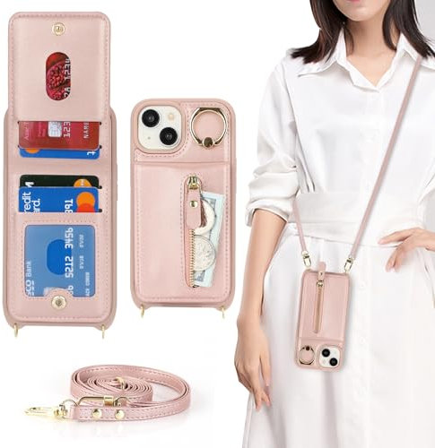 Zouzt for iPhone 15 Case with Cord and Card Holde, Zipper Wallet Case with Crossbody Lanyard Ring Adjustable Necklace Protective Cover Women for iPhone 15 6.1 Inch - Rose Gold