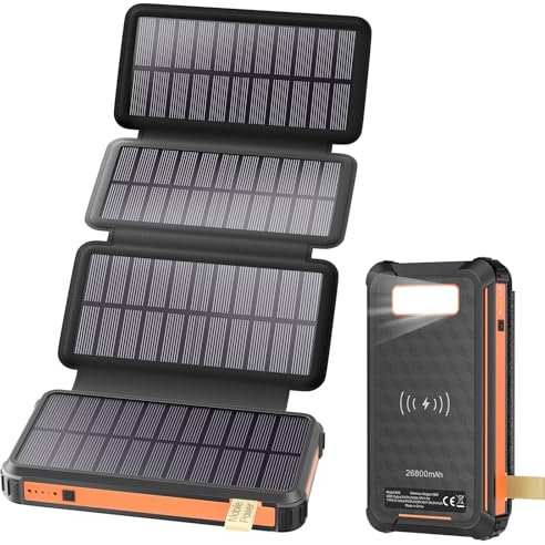 Solar Power Bank, SenDeluz 26800mAh Solar Charger Power Bank, Solar Power Bank USB-C Fast Charging & Wireless Charging with 4 Foldable Panels, Solar Portable Charger for Phone Tablet Outdoor Camping