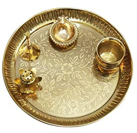 Universal Hub Pooja Thali Set Of 5 Pcs Serving Plate Decorative Tray Puja Items Aarti Plate For Temple, Wedding Home Décor Mandir Brass Tika Thali Indian Wedding Thali Decoration Rakhi Gifts