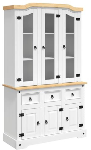 Hommdiy Highboard, Sideboard mit viel Stauraum, Kommode Wohnzimmerschrank mit Türen, Schrank Anrichte Beistellschrank, Massivholz Kiefer,112 x 43 x 196,Weiß