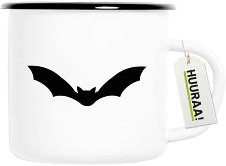Huuraa Emaille Tasse Fledermaus Silhouette Geschenk | 300ml Becher Weiß mit Schwarzem Rand Vintage Campingbecher Geschenkidee Kaffeetasse als Wohnwagen Zubehör Campingtasse