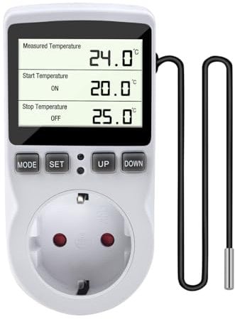 IXYHKB Temperaturregler Steckdose mit Fühler, 230V Digital Thermostat Steckdose, Heizung Kühlung Temperaturschalter mit LCD Bildschirm für Gewächshaus Aquarium Kühlschrank Terrarium (White-01)
