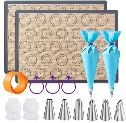Angadona Lot de 16 tapis de cuisson en silicone pour macarons, 2 demi-feuilles de tapis de cuisson pour macarons, 6 embouts à douille, 2 poches à douille avec 3 attaches de sac, 2 coupleurs