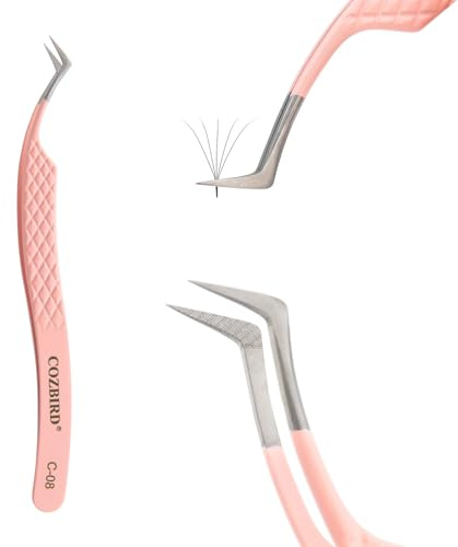 COZBIRD Fiber Pince à Extensions de Cils Petite Pointe Courbée Méga Volume Russe Botte Antidérapante Rose (C-08)
