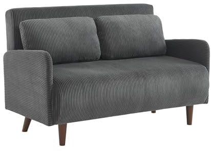 Skandinavisches 2-Sitzer-Sofa mit dunkelgrauem Cordbezug, Holzfüßen und verstellbarer Rückenlehne - Panam