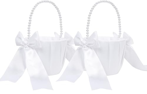2 Stück Blumenmädchen Korb, Weiß Blumenkorb Hochzeit für Blumenmädchen, Blumenkorb Blumenkinder mit Henkel und Schleife