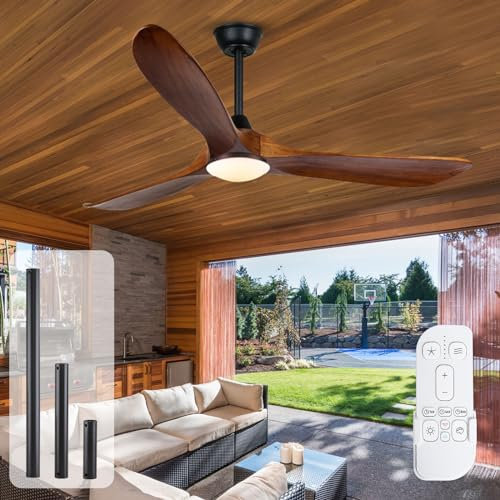 Deckenventilator mit Licht und Fernbedienung, Retro-Deckenventilator für den Außenbereich mit Lampe, Memory-Funktion, 3 Propellerflügeln aus Holz für Terrasse, Schlafzimmer, Bauernhaus (152cm)