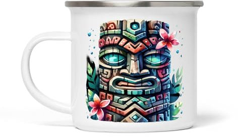 Vintage Tiki Weiße Emaille Tasse - 354 ml, langlebig und elegant, Ideal für Kaffee, Tee und heiße Getränke