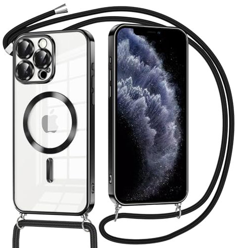 Oelrstfe Handyband Handyhülle für iPhone 11 Pro Hülle Magnetisch mit Band, Durchsichtig Dünn TPU Silikon Case mit Kordel zum Umhängen Abnehmbar Kratzfeste Stoßfest Schutzhülle Frauen, Schwarz