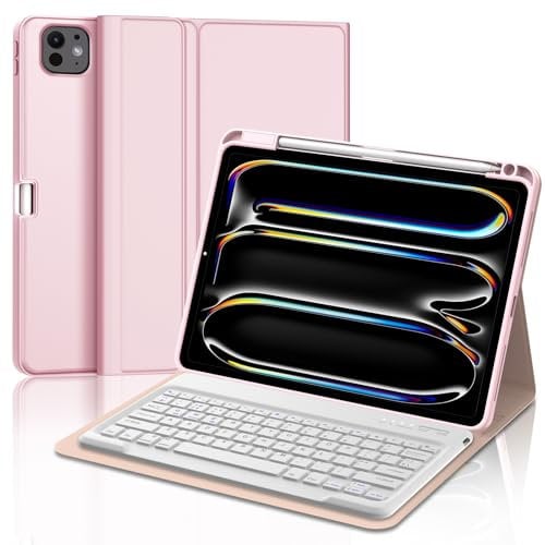 JADEMALL Keyboard Case for iPad Pro 13'' (M4) 2024, UK Layout Wireless Detachable Bluetooth Keyboard with Protective Cover and Pencil Holder for iPad Pro 13 inch M4 2024 Tablet, Pink