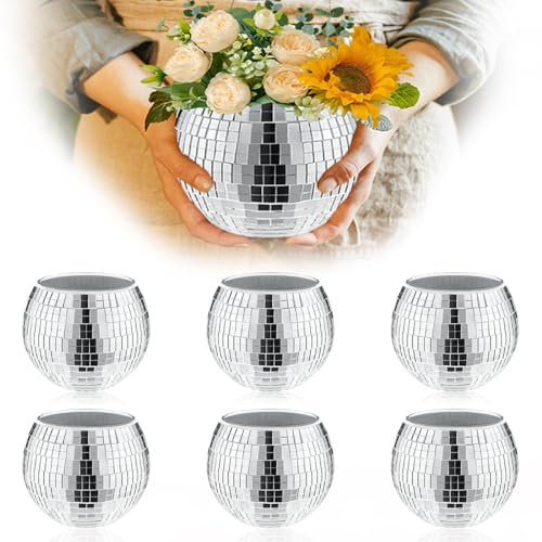 6 Pcs Disco Vase, Silver Mirror Ball Disco Ball Planter 5 X 6 Glass Silver Candle Holder White Vases for Centerpieces Table Decorations Party Wedding Birthday Gift