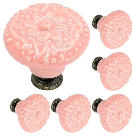 Biaungdo 6 Stück rosa Keramik-Küchenschrankknäufe und -griffe, Retro- und Vintage-Stil, runde Schubladenknöpfe für Schrank, Schublade, Schrank und Schranktürgriffe