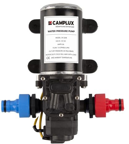 CAMPLUX Wasserpumpe 6 L/min 12 Volt, 4,5 Bar/ 65 PSI, Selbstansaugende Druckwasserpumpe für Wohnwagen/Heißes Wasser System