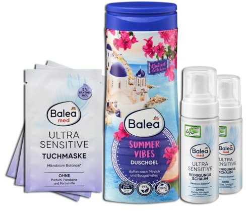 Balea 6er Set: Reinigungsschaum Ultra Sensitive, 2x150 ml + 3xTuchmaske, für das Gesicht geeignet + Duschgel - Limited Edition.