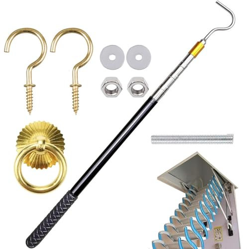 Kit per di estrazione della scala - Kit di tirata della scala per soffitta | Kit di bastone retrattile per soffitta | Set di ganci in metallo per soffitta | Gancio per di