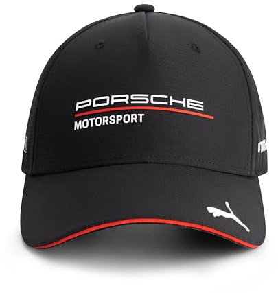 PUMA Porsche Motorsport Team Cap mit gebogenem Schirm und Porsche Motorsport sowie Sponsorenlogos, inklusive Logo auf dem Schirm - Schwarz - Einheitsgröße