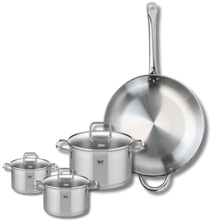 ELO 9500250 Batterie de cuisine 4 pièces, Set de 1 Poêle de cuisson 32 cm et 3 faitouts 12, 16 et 20 cm Elo Profi Citrin, inox, induction
