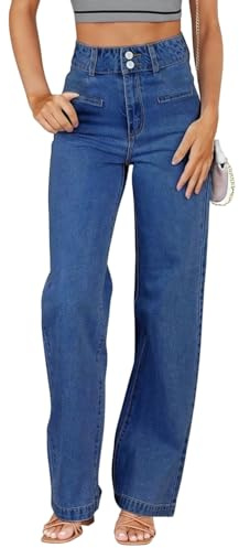 LuminBlaze Jeans Large Femme Taille Haute Élastiqués avec Fermeture à Double Bouton, Jean Vintage à Jambe Large et Coupe Ample Loose Fit en Denim
