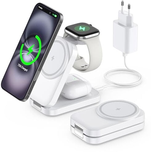 Ladestation kompatibel mit Apple Watch und iPhone,Super Tragbar Magsafe Ladegerät für iPhone 16 15 14 13 12 Serie, 3 IN 1 Mag-Safe Ladestation für Apple Watch AirPods Pro Serie (Weiß)