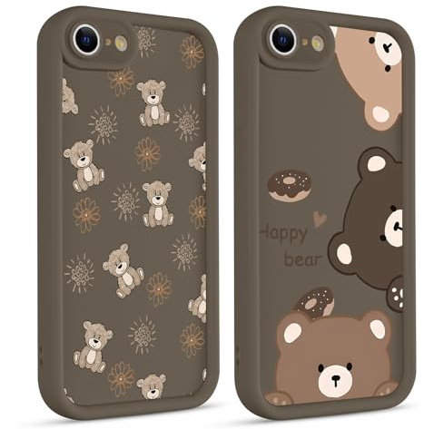 Phoona 2 Stück Handyhülle für iPhone 8/SE 2022/7/SE 2020 Hülle 4.7, Aesthetic Muster Design Weiche Silikon Schutzhülle Kratzfeste Stoßfest Kameraschutz Bumper Case für Mädchen, Khaki niedlicher Bär