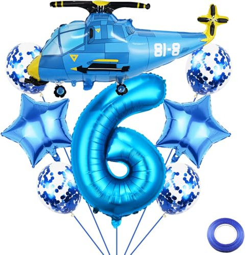 Liitata 6. Hubschrauber Geburtstags Party Deko Aeroplane Geburtstag Luftballon Set Blau Zahl 6 Folienballon Großes Hubschrauber Luftballon für Junge Geburtstag Party Deko