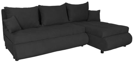 FORNIRO 24 NELA Ecksofa 199x143x80cm Schwarz Wohnzimmer Couch Schlafsofa | Mit Schlaffunktion & Bettkasten - L-Form - Kissen - Stoff Komfort | ausziehbar Gäste bequem Stauraum Design hochwertig robust