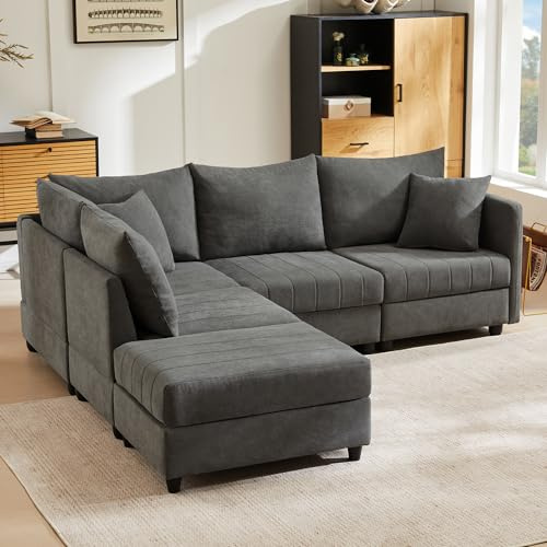 Idemon Sofá esquinero moderno con rayas verticales de 5 plazas con reposapiés convertible para salón, apartamento, etc. (gris)