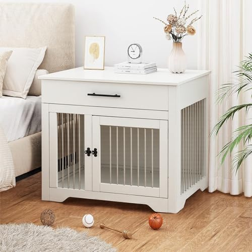 The Fellie Dog Crate Furniture, Wooden Pet Kennel with Drawer Storage, Lockable Indoor Dog Crate, Medium Dog House Furniture 2 Doors, Wood Animal Crates Table for Small Dogs, 80 * 58 * 75CM, White