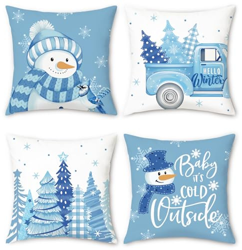 Bonhause Federe per Cuscini Inverno 45 x 45 cm Copricuscini Decorativi Pupazzo di Neve Alberi di Natale Fiocchi Camion Blu Federa per Cuscino Divano Letto Casa Decorazione Set di 4