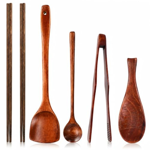 ZOOFOX 6-in-1 Wooden Utensils for Cooking, Kitchen Nonstick Wood Cooking Utensils Set with Japanese Style, Wooden Long Chopsticks, Spatula, Toaster Tong, Long Handle Spoon and Fish-shaped Rice Spoon