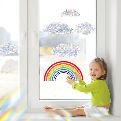 Regenbogen Fensterbilder Aufkleber - Rainbow Suncatcher Sticker für Glasscheiben, Bunte Prismenfolie als Sonnenfänger (Weiße Wolken), Dekorativ für Fenster & Glastüren, Selbstklebend & UV-Beständig
