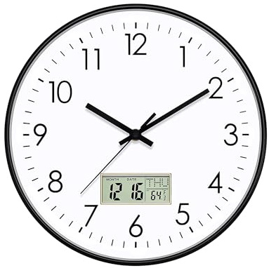 ATEK 12 Inch Silent Wall Clock with Date & Temperature, Battery Operated | Built-In Date Display, Indoor Temperature Monitor, Suitable for Bedroom Use, Kitchen & Office