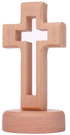 Zpeiran Cruz de Madera Decorativa de Pie con Base,Cruz de Mesa para Decoración del Hogar Religiosa,Regalo Católico para Bautizo Comunión y Pascua,Figura de Cruz para Escritorio o Iglesia