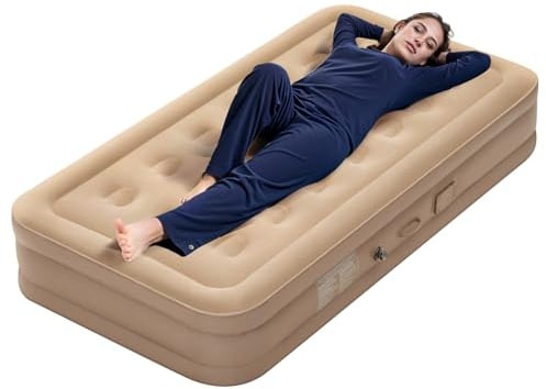 Warmiehomy Single Air Bed with Built-in Electric Pump, Self Inflation&Deflation Mattress with Pillows, Blow Up Bed with Carry Bag for Bedroom, Indoor&Outdoor, Camping Airbeds 40cm Thickness, Khaki