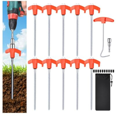 Zourglow 10 Stück Zeltheringe Stahl 20,5 cm für Camping | Heringe Erdnägel, Schraubheringe mit Steckschlüssel Nagelzieher Tragetasche Bietet, für Harten Boden,Wald, Wiesen, Gras