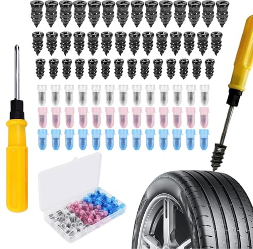 100 Pièces Kit de Reparation Pneu Voiture, Meche Pneu Crevaison avec Tournevis, Clous en Caoutchouc de Pneu sous Vide, Clou Reparation Pneu Convient aux Motos Auto Camion Tracteur (3 Tailles) | Kit de réparation de pneus sans chambre à air pour voiture, moto, vélo (3 tailles)