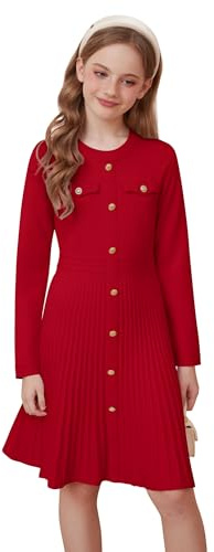 GRACE KARIN Girls Knitted Sweater Dress Long Sleeve Flared A-Line Winter Jumper Dress Red 12-13 Years