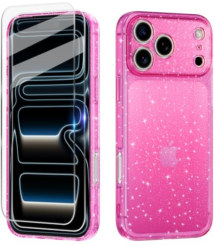 Cover Compatibile con iPhone 17 Pro Custodia Glitter, 2 Pezzi Pellicola Protettiva in Vetro Temperato, Brillantini Custodia Morbido TPU Protezione Trasparente Antiurto Case - Rosa Caldo
