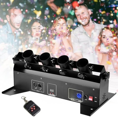 ZyKnaurral Elektrische Konfettimaschine, DMX-/Ferngesteuerter Konfettiwerfer für Hochzeiten, Discos, Clubs, Bühnen und Partys, Konfettimaschine mit 4 Schuss Kapazität