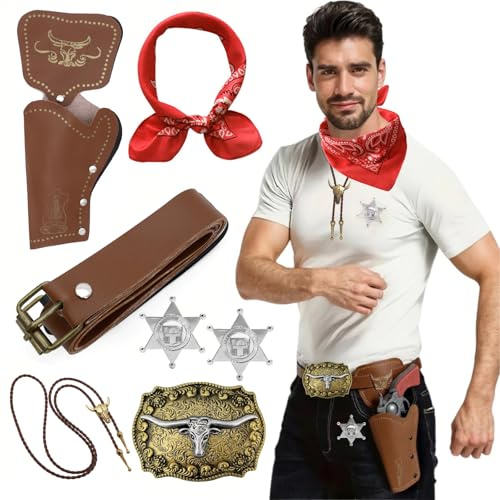 HTTDSLF 7 Stück Cowboy Fancy Dress Zubehör Set, Western Cowboy Outfit Kit - Bandana|Holster|Gürtel|Boloschnalle|Krawatte Halskette|Sheriff Abzeichen, für Karneval Fancing Cosplay Party (Braun)